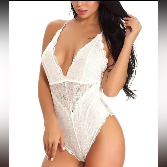 Sexy Lingerie Jumpsuit with Criss Cross Straps Semi Sheer White Lace Seduce, M - Picture 2 of 13